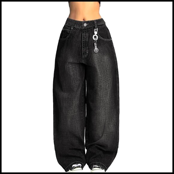 Wide Leg Baggy Jeans Y2K Vintage Gothic Denim Pants Mid Low Waist Loose Fit